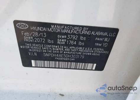 2013 Hyundai Elantra Gls z USA, uszkodzony, nr VIN 5NPDH4AE5DH303179